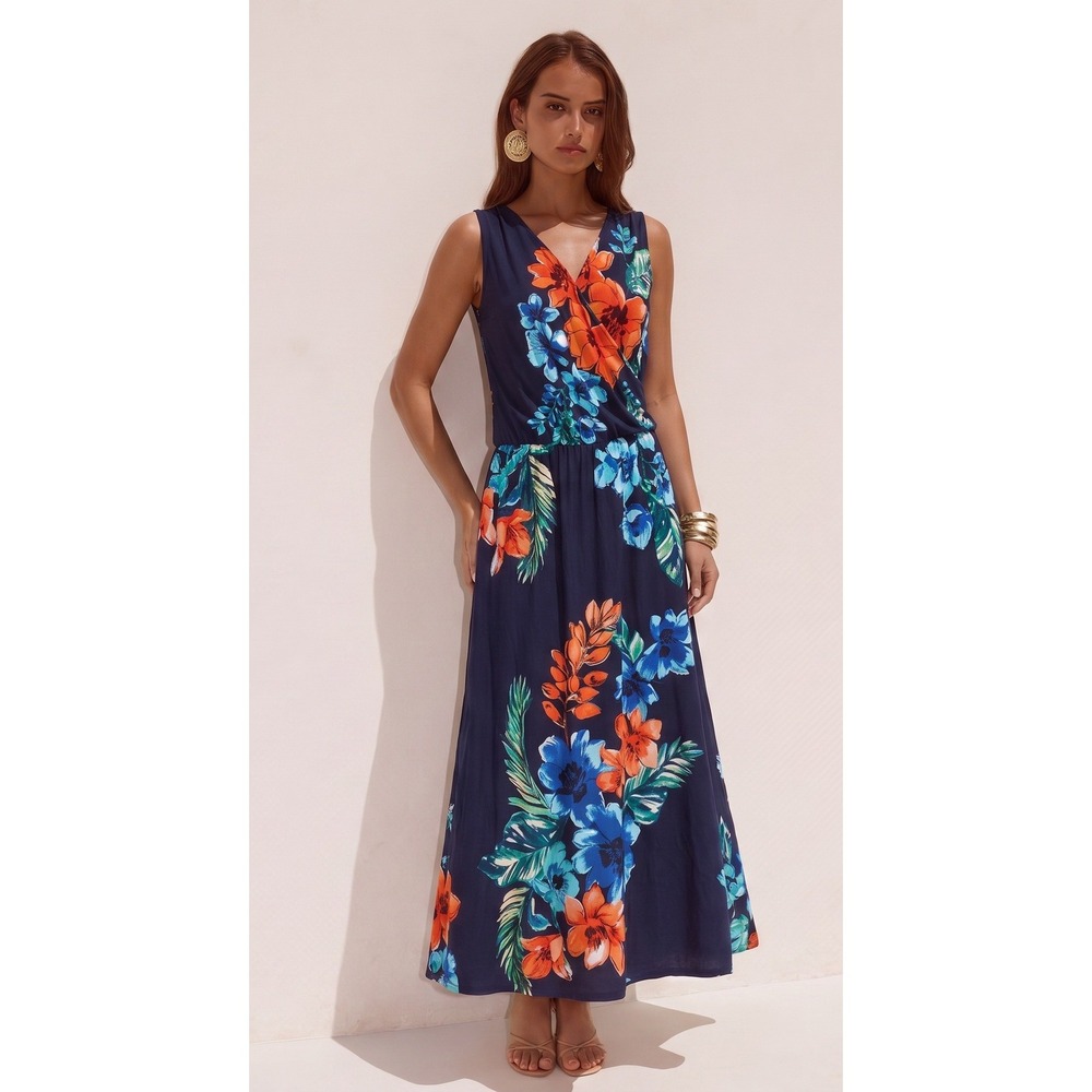 Tommy Bahama Faux Wrap Maxi Dress Medium Floral Tropical‎ Navy Blue Sleeveless